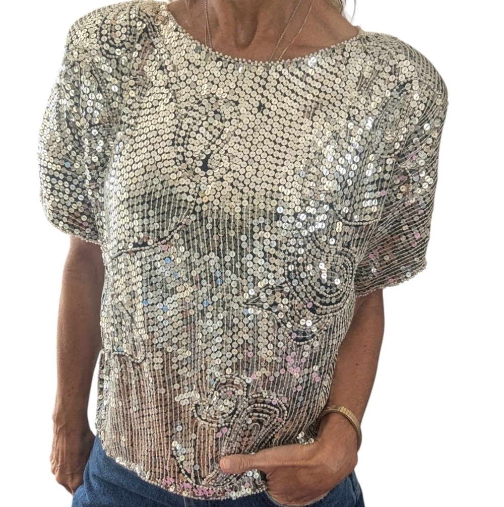 Vintage 80s J.L.B. Silk Sequin Beaded Blouse Silver Party Top S